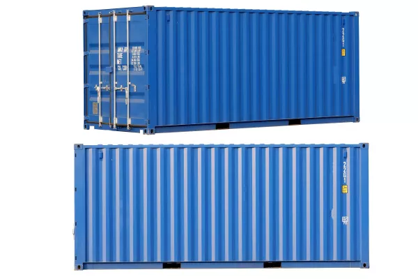 Container marittimo blu visto di lato e di fronte su fondo bianco