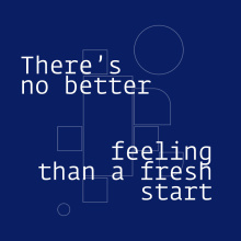 Grafica blu con forme geometriche e slogan in inglese su un nuovo inizio