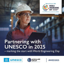Ingegnere con casco e occhiali protettivi nella grafica della partnership con UNESCO